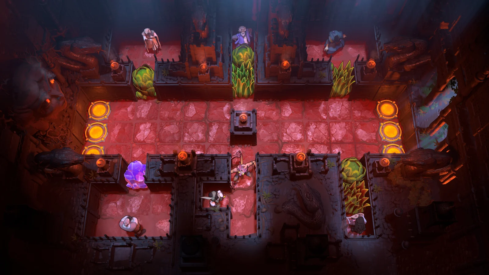 Several heroes positioned in separate rooms of one puzzle
