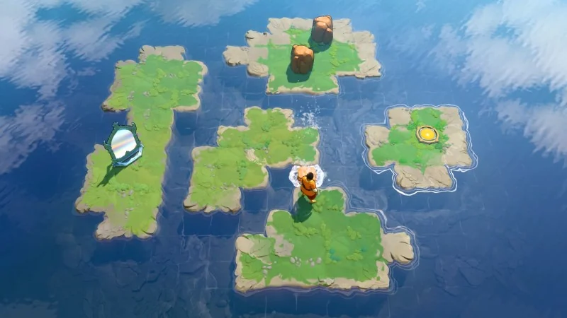 The Trader beside a movable mirror among islands