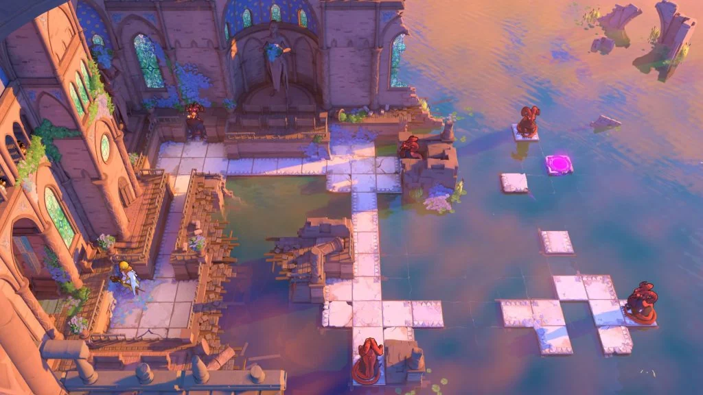 A character beside narrow white-tiled platforms, several monster statues, and a pink goal marker