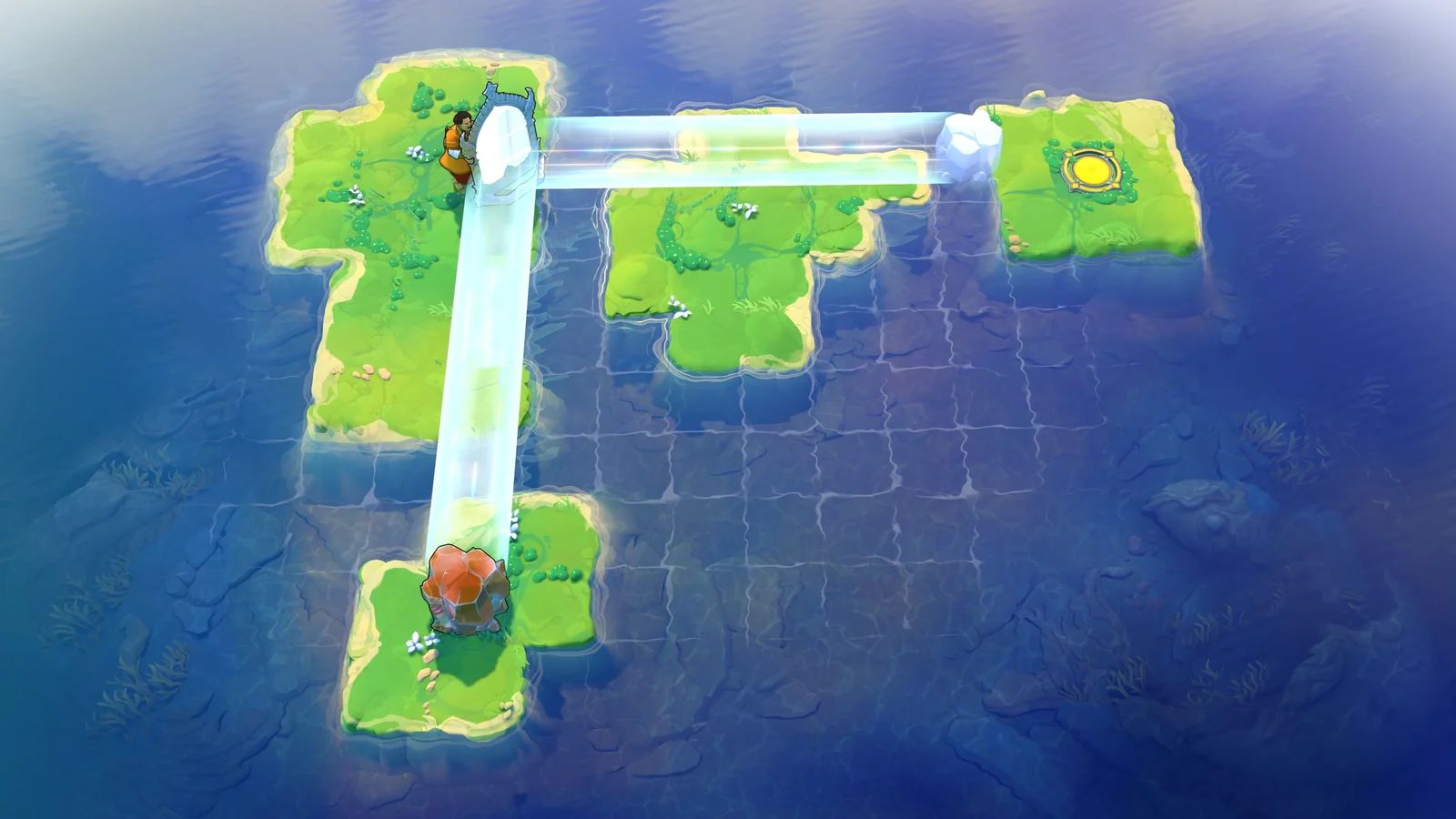 The Trader beside a mirror, with reflected positions across grassy islands