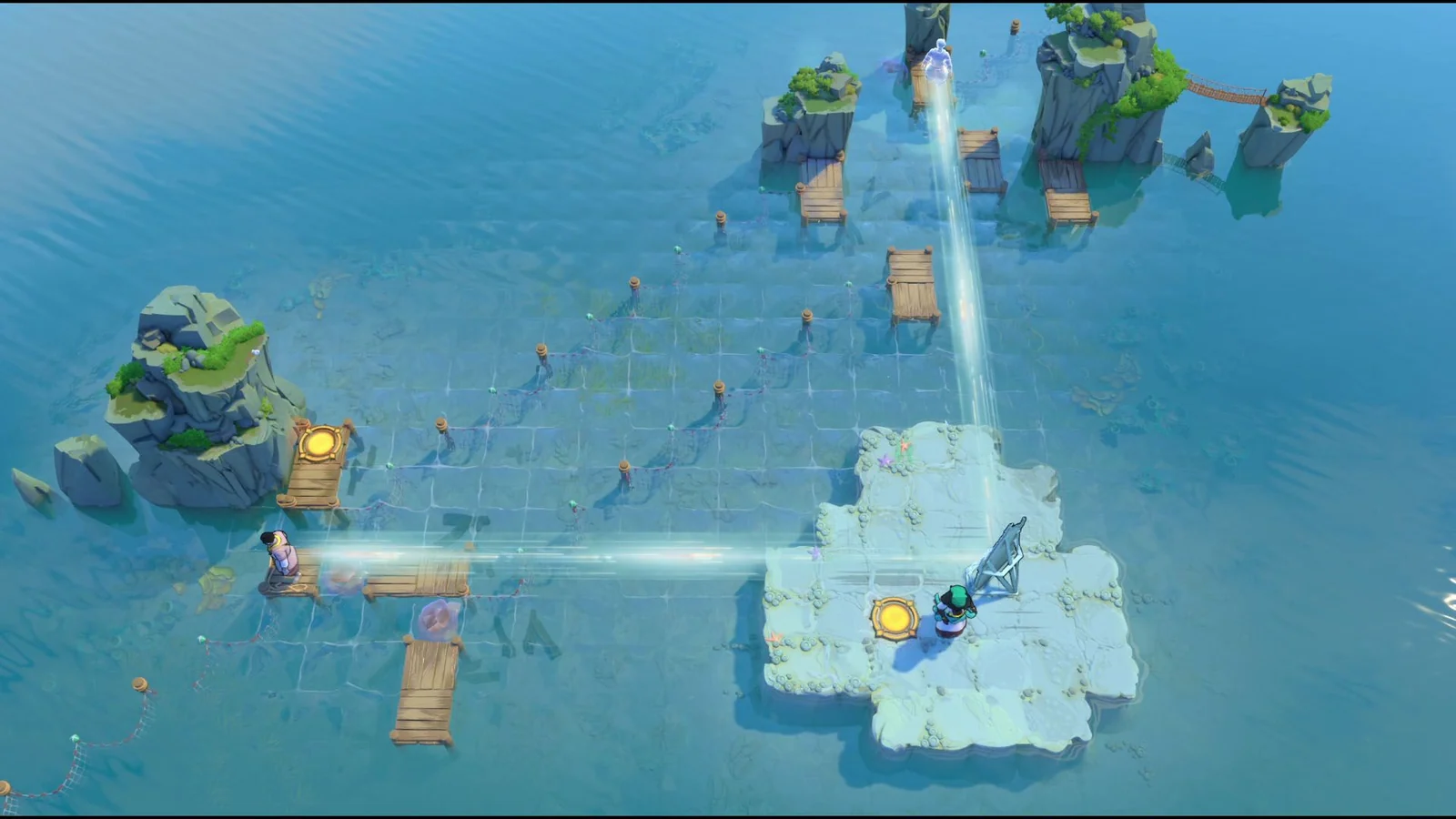 The Trader on a dock and the Sailor beside a mirror, with reflection paths crossing the water