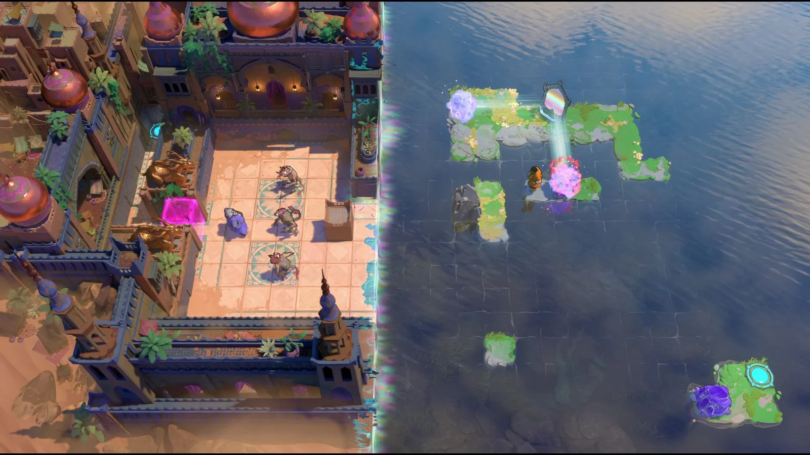 The Wizard and Trader in a shared room with monsters, a crystal, and mirrors