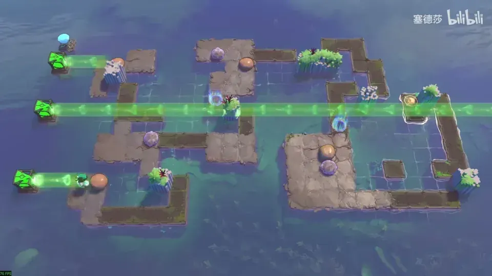 Three green beams cross broken platforms holding plain and crystal stones