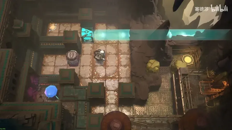 Cyan emitter, cart and gem in the second Torc room