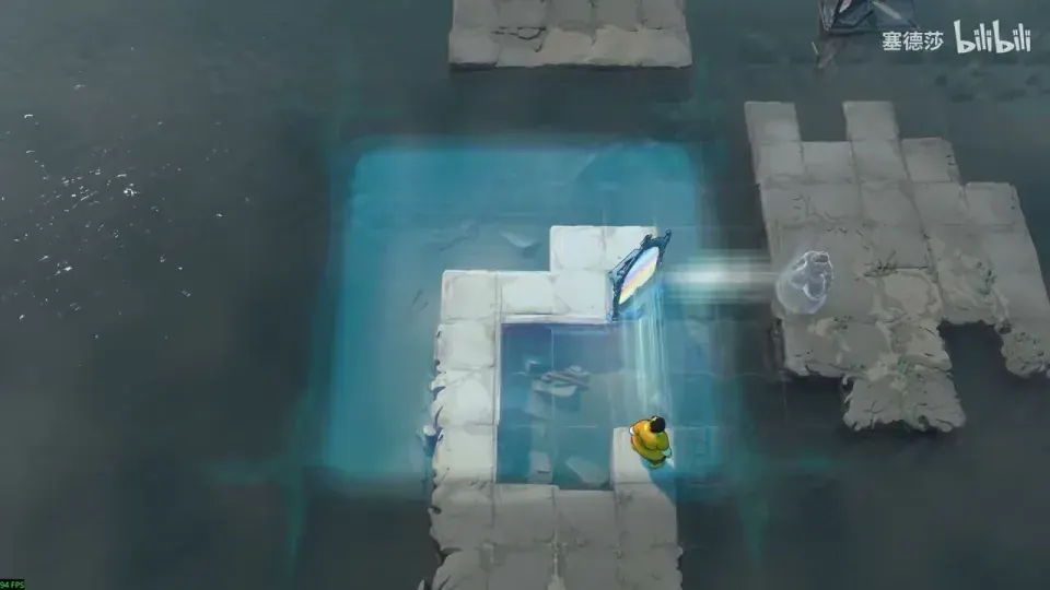 Trader inside a blue mirror block beside a crystal over water