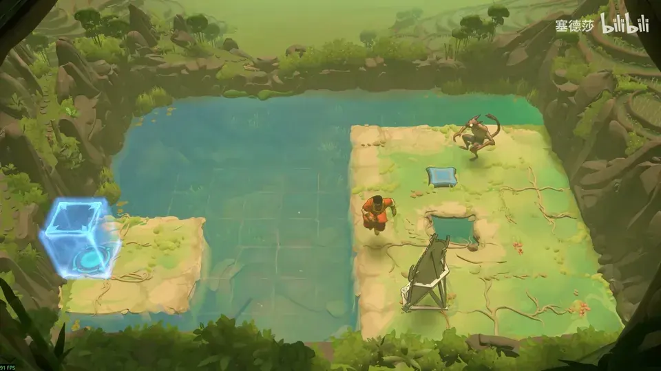 Orange-clothed hero beside a mirror, monster and blue button, with the exit on a left island