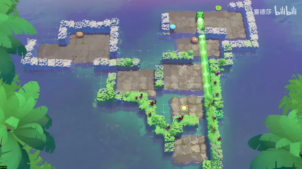 Vertical green beam on the right of broken walled platforms over water
