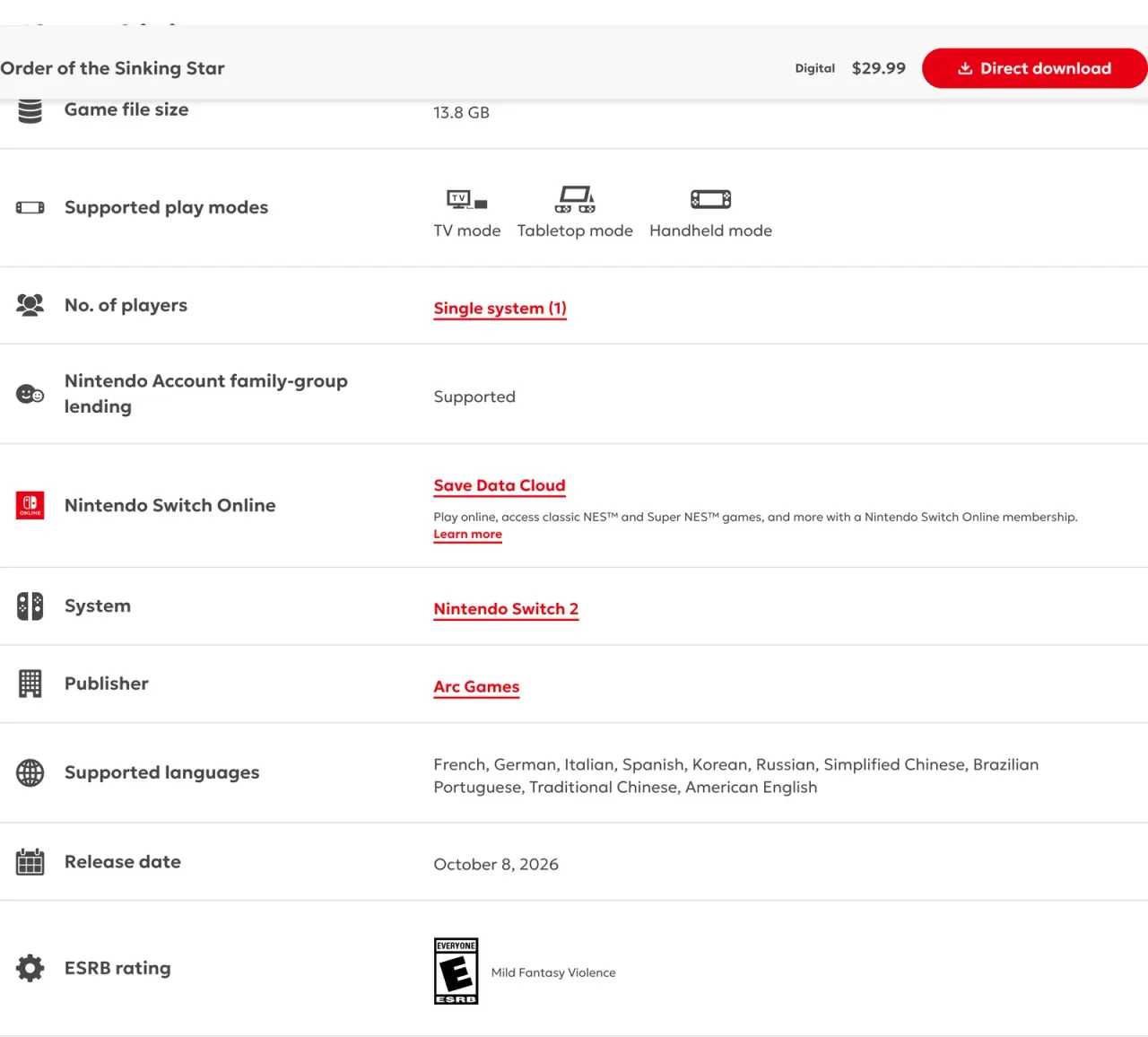 Nintendo product details naming Nintendo Switch 2, supported play modes, and listed download size