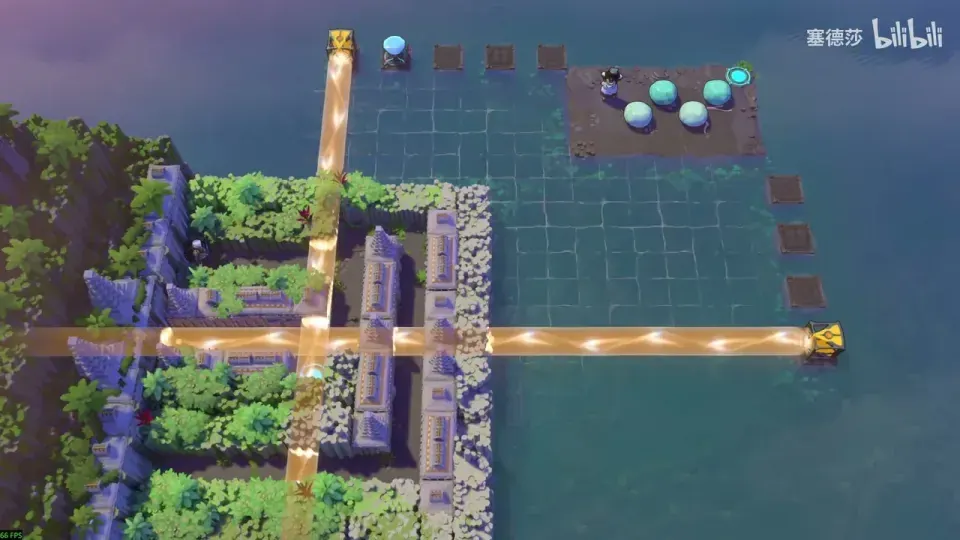 Two orange beams cross hedged walkways below an island with loose stones