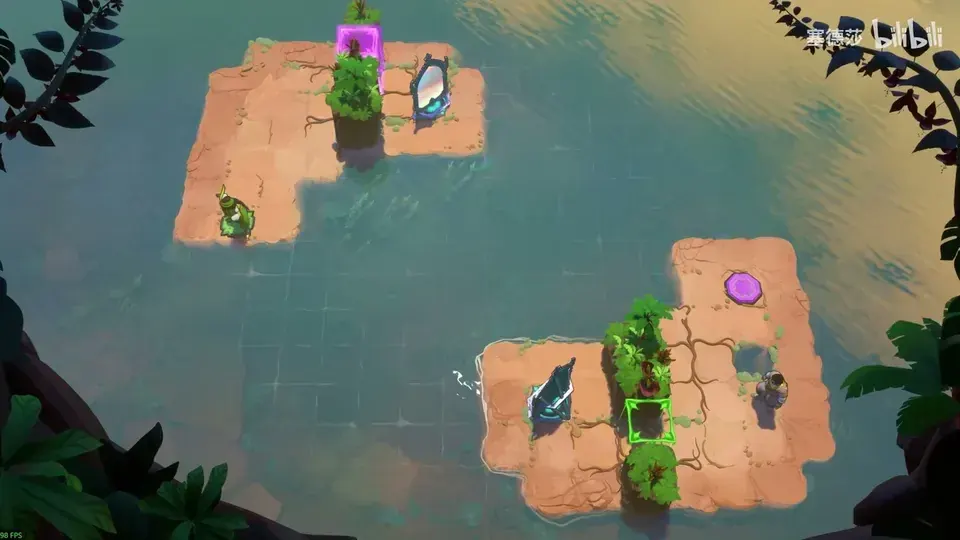 Two separate islands with a hero, mirror and coloured button on each