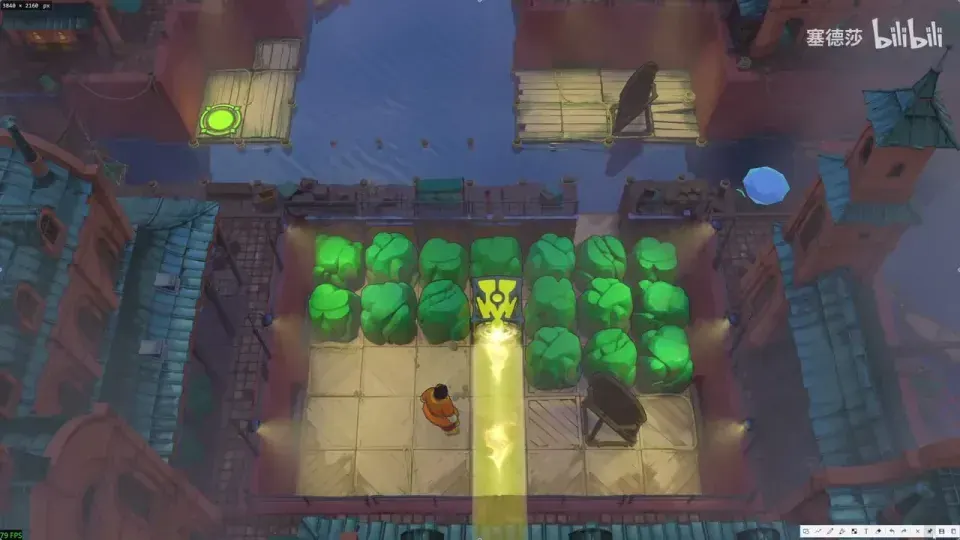 Yellow emitter, green stones and mirrors beside water